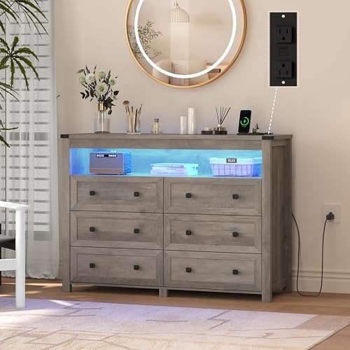 Wodeer Grey Dresser 6 Drawer Dressers for Bedroom with LED Lights, Charging Station, Wood Chest of Drawers with Metal Handles, Modern TV Stand Storage Cabinet for Living Room, Hallway, Entryway, Gray - Image 3