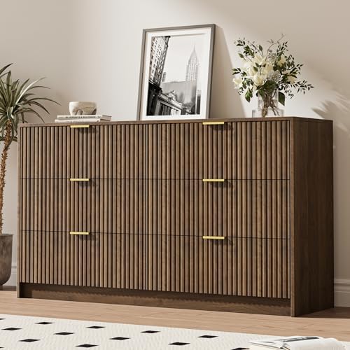 MAISONARIA 6 Drawer Dresser for Bedroom, 55" Wide Modern Chest of Drawers with Gold Metal Handles, Fluted Wood TV Stand for Living Room, Hallway, Walnut by MAISONARIA