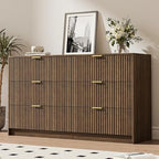 MAISONARIA 6 Drawer Dresser for Bedroom, 55" Wide Modern Chest of Drawers with Gold Metal Handles, Fluted Wood TV Stand for Living Room, Hallway, Walnut by MAISONARIA