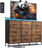 WLIVE Dresser TV Stand 9 Drawers, Fabric Chest LED Lights, Rustic Brown by WLIVE