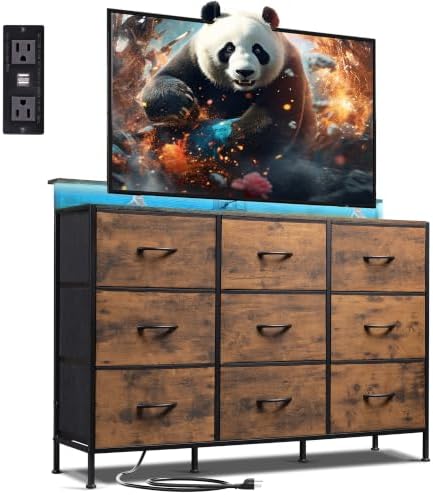 WLIVE Dresser TV Stand 9 Drawers, Fabric Chest LED Lights, Rustic Brown by WLIVE