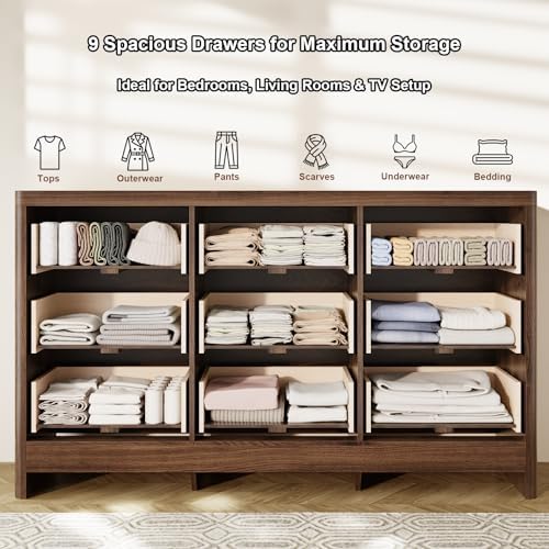 Fluted 9 Drawer Dresser for Bedroom, 59" Horizontal Wide Modern Low Profile Chest of Drawers with Metal Handle & Storage, Long Wooden Dresser TV Stand for Living Room & Closet, Walnut Brown Dresser - Image 3