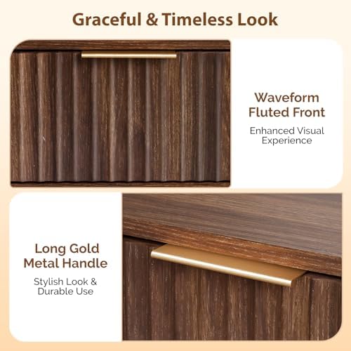 VINGLI Nightstands Set of 2, Fluted Night Stand with Drawer, Bedside Table, Wood Nightstand for Bedroom, Mid Century Modern End Tables, Walnut, 18.9" W*14.96" D*24" H - Image 5