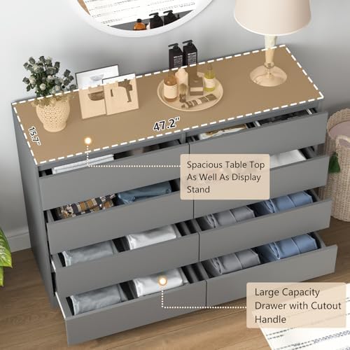Vibe & Dine 8 Drawer Double Dresser, Modern Chest of Drawers with Wide Storage for Closet, Bedroom, Living Room, Grey - Image 5