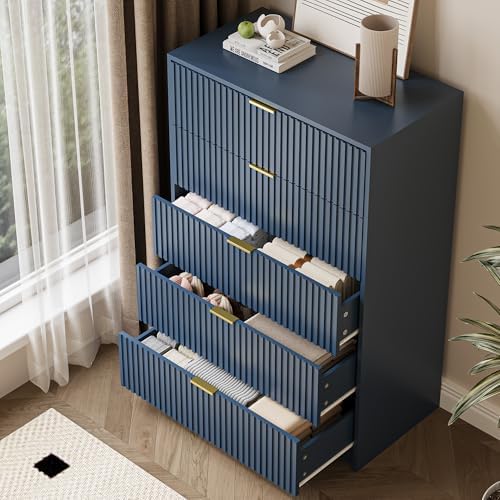MAISONARIA 5 Drawer Dresser for Bedroom, Tall Dresser Chest of Drawers with Gold Handles, 32 Inch Wide Nightstand with for Bedroom, Living Rooms, Offices, and Entryways, Navy Blue - Image 4