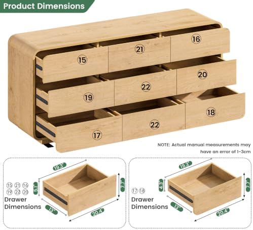 Standifurno Natural Dresser for Bedroom with 9 Drawers, 63" Wide Modern Drawers with Curved Design, Wood Drawer Organizer for Living Room, Hallway - Image 3