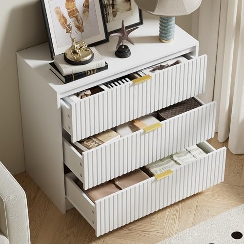 Furniway White Dresser for Bedroom, Modern Dresser with 3 Drawers and Smooth Slides, Wide Chest of Drawers with Golden Handles for Bedroom, Living Room, Closet, 15.7" D x 31.5" W x 29.6" H - Image 4