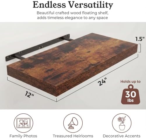 24" Rustic Brown Floating Shelves 12inch Deep Wall Shelf, Set of 2 - Image 2