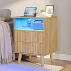 VIAGDO Fluted Nightstand Set of 2 with Charging Station and LED Lights, Modern Night Stand Set 2 with Drawers and Open Storage Cabinet, Bed Side Tables with Gold Metal Handle for Bedroom, Natural Oak - Image 6