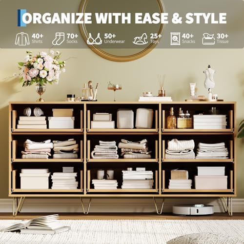 Garvee 63" Wide Fluted Dresser for Bedroom with 9 Drawers, Modern Wooden Chest of Drawers with Metal Handles, Large Clothes Storage Organizer & TV Stand for Living Room, Closet, Hallway, Oak Finish - Image 5