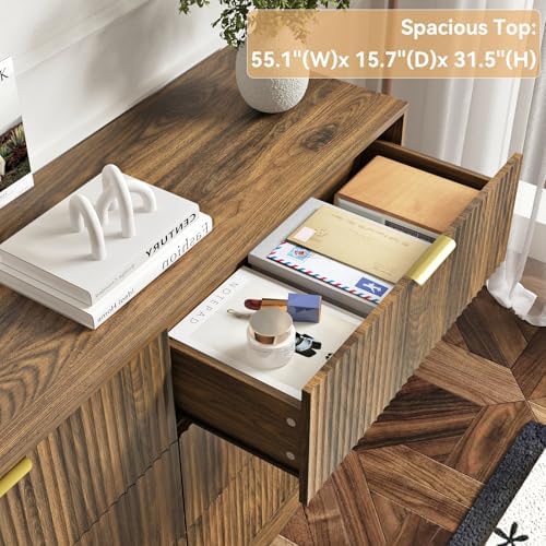 Walnut 6 Drawer Dresser for Bedroom, 55'' Wide Wood Chest of Drawers, Modern Fluted Bedroom Dressers with Drawers, Large Dresser TV Stand Mid Century Double Dresser for Living Room, Hallway - Image 4