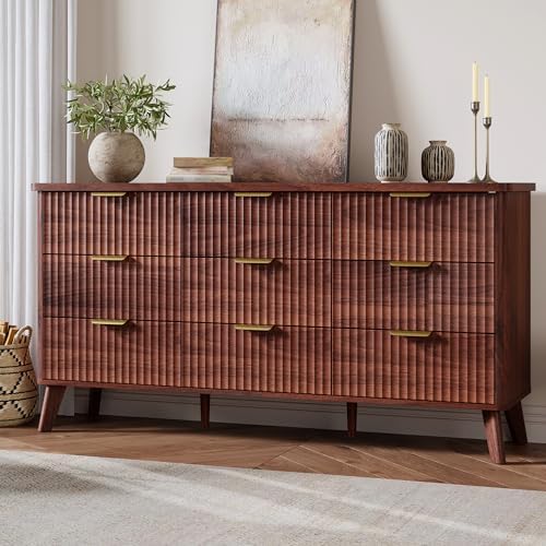 GarveeHome Fluted Dresser for Bedroom with 9 Deep Drawers, Walnut by GarveeHome