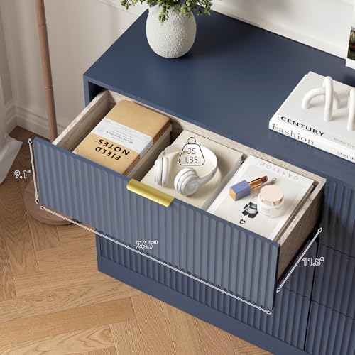 6 Drawer Fluted Dresser for the Bedroom, 55" Wide Wooden Dresser with Deep Drawers, Large Floor Chest of Drawers, Modern Long TV Stand, Storage Cabinet for Livingroom, Hallway, Blue - Image 7
