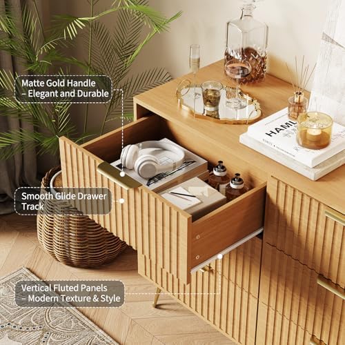 Garvee 63" Wide Fluted Dresser for Bedroom with 9 Drawers, Modern Wooden Chest of Drawers with Metal Handles, Large Clothes Storage Organizer & TV Stand for Living Room, Closet, Hallway, Oak Finish - Image 4