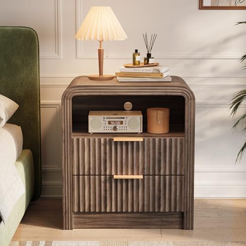Decofy Fluted 2-Drawer Nightstand with Charging Station, Walnut - Image 3