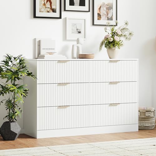 MALOL 6 Drawer Fluted Dresser for Bedroom, Modern Wooden Chest of Drawers, Wide Storage Cabinet with Smooth Silent Slides, Anti-Tip, 47" Storage Organizer for Bedroom Living Room, White by MALOL