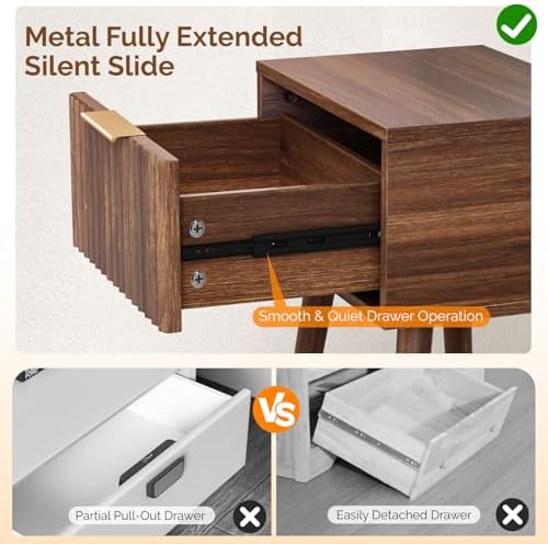 VINGLI Night Stand Set 2, Fluted Nightstands with Drawer, Mid Century Modern Nightstands Set of 2, Bedside Table, End Table, Wood Nightstand for Bedroom, Walnut, 15.75" W*11.81" D*21.85" H - Image 4