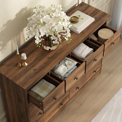 55 Inch Wide Dresser for Bedroom, 10 Drawer Dresser with Large Drawers, Thickened Top, Wood Chest for Living Room, Hallway, Walnut - Image 7