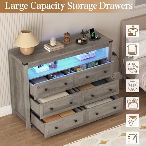 Wodeer Grey Dresser 6 Drawer Dressers for Bedroom with LED Lights, Charging Station, Wood Chest of Drawers with Metal Handles, Modern TV Stand Storage Cabinet for Living Room, Hallway, Entryway, Gray - Image 6
