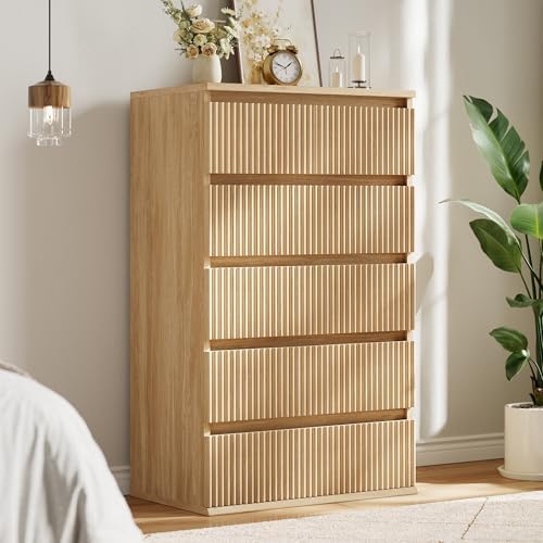 Jocoevol Fluted 6 Drawer Dresser for Bedroom, Modern Wood Chest of Drawers, Tall Storage Dresser with Deep Drawers, Handleless Floor-Standing Dresser for Bedroom, Living Room, Entryway, Natural Oak - Image 3
