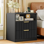 TEENFON Fluted Nightstands Set of 2, Night Stand with Charging Station and LED Light, Nightstand with Storage Drawer and Open Shelf, Bedside Table for Small Space, Bedroom, Black - Image 2