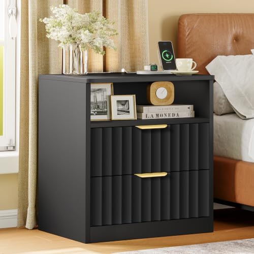 TEENFON Fluted Nightstands Set of 2, Night Stand with Charging Station and LED Light, Nightstand with Storage Drawer and Open Shelf, Bedside Table for Small Space, Bedroom, Black - Image 2