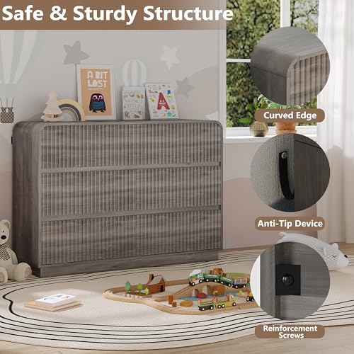 BORNOON Dresser for Bedroom with 6 Drawers, Fluted Chest of Drawers with Round Curved Corner, Hidden Handles, Modern Wood Storage Organizer for Bedroom, Nursery, Living Room - Image 4