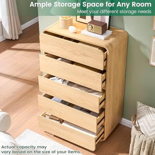 Standifurno Natural 5 Drawer Dresser, Modern Dresser with Storage, Chest Drawers with Wood Grain Texture, Drawers Organizer for Bedroom, Living Room, Hallway. - Image 4