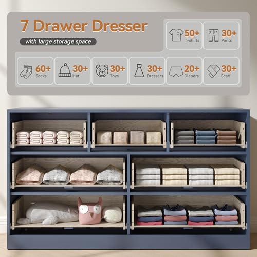 Blue Dresser with 7 Drawer 55" Wide Fluted Dresser for Bedroom丨Modern Chest of Drawer with Metal Handles, Wood TV Stand for Bedroom, Living Room, Entryway, Hallway, Blue - Image 4