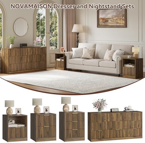 3-Piece 9 Drawer Dresser and 1-Drawer Nightstand Set, Walnut丨63 Wide Fluted Bedroom Dresser Set Night Stand Set of 2, Modern Wood Chest of Drawers Storage Dressers Set for Bedroom - Image 4