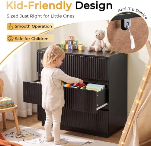 Karl home Black 3 Drawer Fluted Nightstand, Modern Storage Chest of Drawers - Image 4