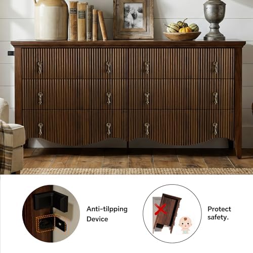 FUSUNBAO 6-Drawer Fluted Dresser, 52" Wide Double Chest of Drawers,Walnut - Image 6