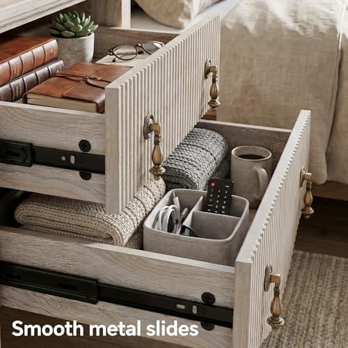 FUSUNBAO Fluted Nightstand with Charging Station & 2 Drawers,Nature Oak - Image 6