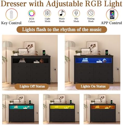 Wodeer Black Dresser 6 Drawer Dressers for Bedroom with LED Lights, Charging Station, Wood Chest of Drawers with Metal Handles, Modern TV Stand Storage Cabinet for Living Room, Hallway, Entryway - Image 5