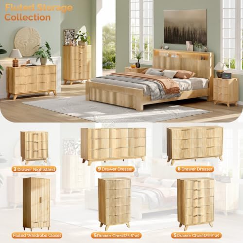 VINGLI Fluted Dresser for Bedroom, 6 Drawer Dresser Mid Century Modern, Oak - Image 6