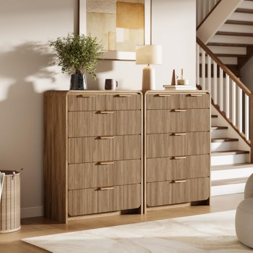 44" Tall 6 Drawers Fluted Dresser for Bedroom, Living Room, Light Walnut - Image 7