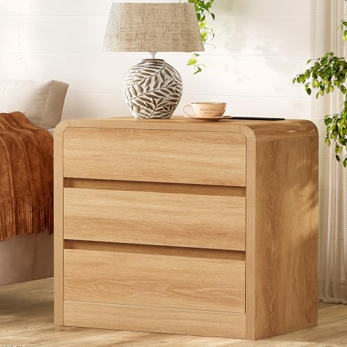 TEENFON Nightstands Set of 2, Night Stand with 3 Storage Drawer and Charging Station, Modern End Tables Wide Night Stands for Bedroom Sofa Couch Home Office, Natural - Image 4