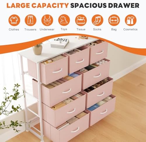 Sweetcrispy 9 Drawer Fabric Dresser Storage Tower Drawer Organizer, Pink - Image 6
