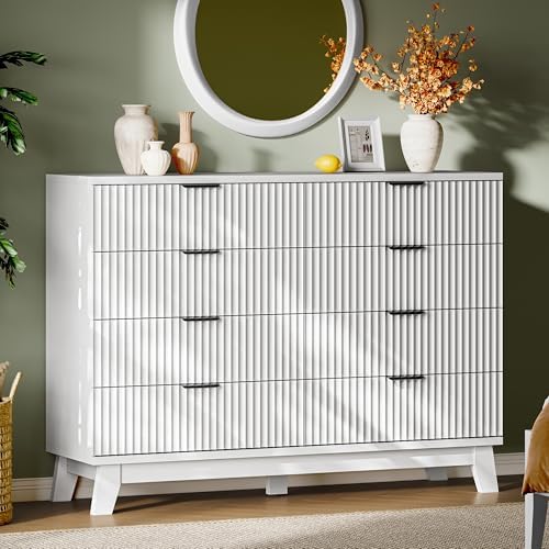 Xixini Fluted Dresser with 8 Drawers, 54" Wide Modern Chest of Drawers with Metal Handle, Wooden Dresser TV Stand, Wood Closet Clothes Storage Organizer for Bedroom, Living Room, Hallway, Solid White by Xixini