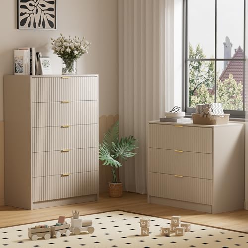 Furniway Beige Dresser for Bedroom, Modern Dresser with 3 Drawers and Smooth Slides, Wide Chest of Drawers with Golden Handles for Bedroom, Living Room, Closet, 15.7" D x 31.5" W x 29.6" H - Image 6