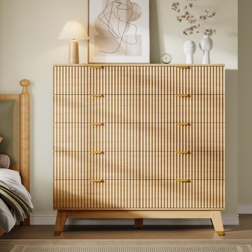 BORNOON 46" Tall Dresser for Bedroom, 10-Drawer Fluted Chest of Drawers, Modern Wood Highboy with Metal Slides and Handles, Anti-Tip Kit, Vertical Clothes Storage Organizer for Apartment, Closet - Image 3