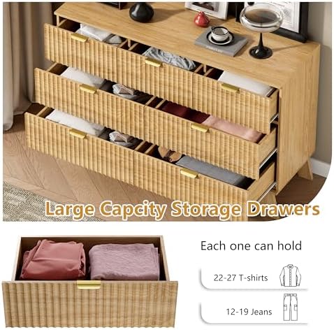 Wodeer 7 Drawer Fluted Dresser for Bedroom, Mid Century Modern Wooden Dresser with 7 Drawers, Dressers & Chests of Drawers with Metal Handle, TV Stand & Storage Organizer for Entryway, Hallway, Oak - Image 4