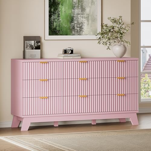BORNOON Fluted 9 Drawer Dresser, 57.1" Wide Modern Boho Chest of Drawers, Wooden Storage Dresser TV Stand for Bedroom, Living Room, Closet, Hallway, Curved Profile Design by BORNOON