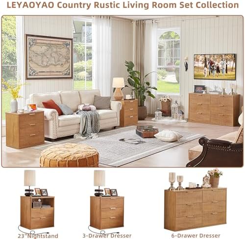LEYAOYAO Fluted Nightstand with Charging Station, 23" Modern Night Stand with Woodgrain Top, 3 Drawers End Table w/Storage, Bedside Tables for Bedroom, Living Room, Curved Profile Design,Brown - Image 3