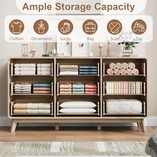 QUW Fluted 59.1" Wide Modern Dresser for Bedroom with 9 Drawers, Tall Chest of Drawers with Metal Handle, Wooden Dresser TV Stand, Hallway, Living Room, Natural Oak - Image 6