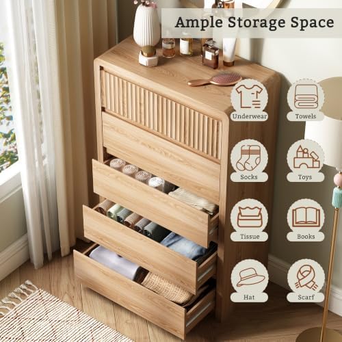 LYNSOM Oak Fluted 5 Drawer Dresser for Bedroom, Curved Edge, 48" Tall - Image 4