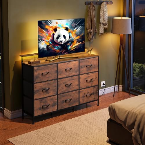 WLIVE Dresser TV Stand 9 Drawers, Fabric Chest LED Lights, Rustic Brown - Image 2