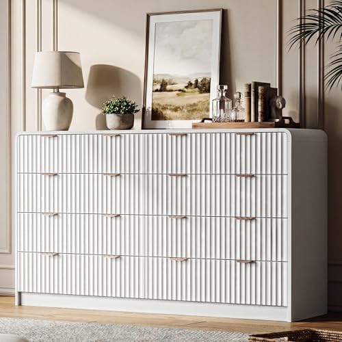 HOUROM 55“ Wide White Fluted Dresser for Bedroom with 10 Drawers by HOUROMDresserforBedroom