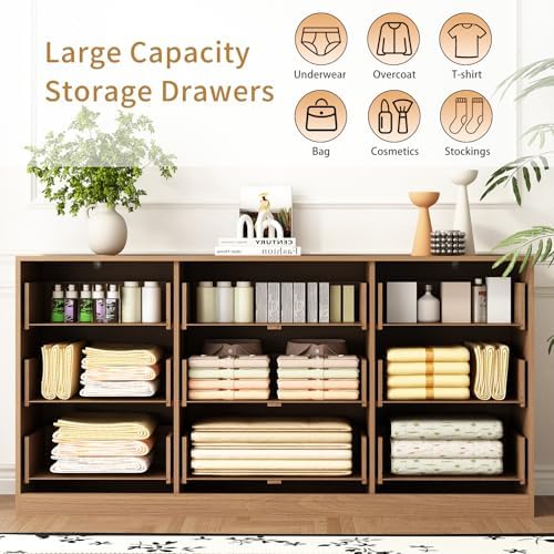 9 Drawer Fluted Dresser for Bedroom with Deep Drawers, Light Walnut丨63 Wide Wood Dresser, Large Chest of Drawers, Modern Long TV Stand, Storage Cabinet Side Table for Living Room, Hallway - Image 5