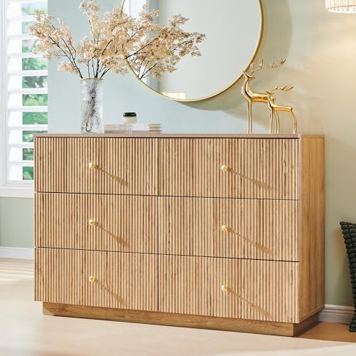 Fluted 6 Drawers Dresser for Bedroom, 47"W Modern Dressers & Chest of Drawers with Metal Handle, Wood Closet Clothes Storage Organizer,Storage Dressers Organizer for Hally/Living Room, Natural by AITJUNZ